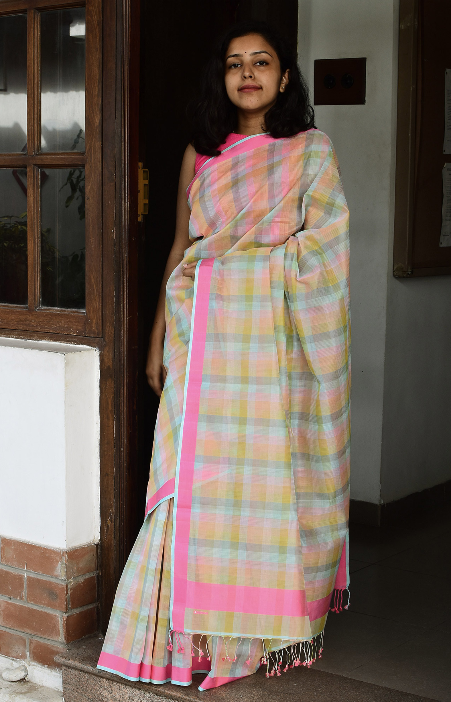 Multicolour Pastel , Handwoven Organic Cotton, Textured Weave , Jacquard, Work Wear, Checked Saree